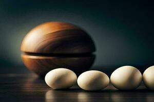 a wooden egg and four eggs on a table. AI-Generated photo