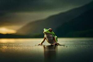 a frog sitting on the ground in front of a lake. AI-Generated photo
