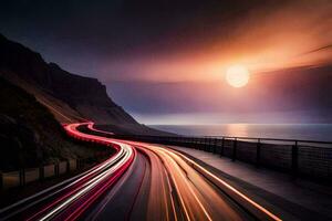 a long exposure photo of a road with light trails. AI-Generated