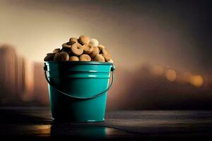 a bucket filled with cookies on a table. AI-Generated photo