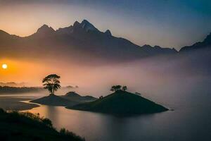 el Dom sube terminado un lago y montañas. generado por ai foto