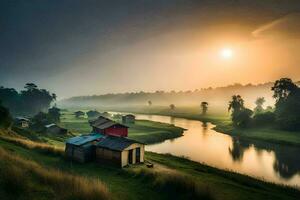 the sun rises over a river and a small village. AI-Generated photo