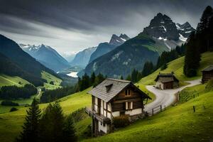 a small house sits on a hillside in the mountains. AI-Generated photo