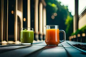 two glasses of juice sit on a table. AI-Generated photo