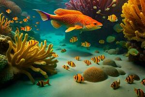 fish swimming in the ocean with coral and other fish. AI-Generated photo