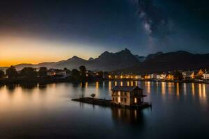 un lago con casas y montañas a puesta de sol. generado por ai foto