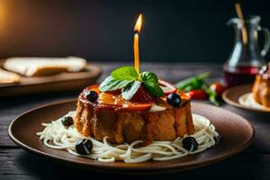 a cake with spaghetti and tomatoes on a plate. AI-Generated photo