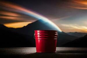 a red bucket sits in the middle of a field with a rainbow in the background. AI-Generated photo