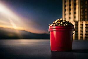 a bucket of coins sitting on a table in front of a city. AI-Generated photo
