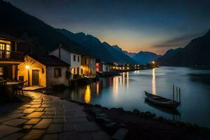 a boat sits on the water at night in a village. AI-Generated photo