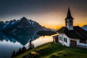 un Iglesia se sienta en el borde de un lago a puesta de sol. generado por ai foto