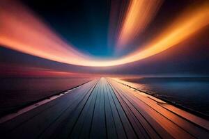 a long exposure photograph of a dock at sunset. AI-Generated photo