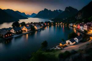 foto fondo de pantalla el cielo, montañas, agua, casas, aldea, atardecer, Noruega, yo generado por ai