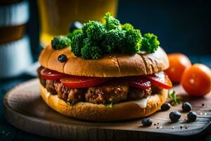 a hamburger with tomatoes and broccoli on a wooden board. AI-Generated photo