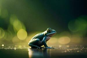 a frog sitting on the ground with a green background. AI-Generated photo