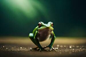 a frog is standing on a dirt surface. AI-Generated photo