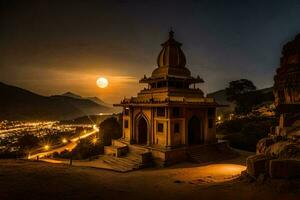 the moon rises over a temple in the mountains. AI-Generated photo