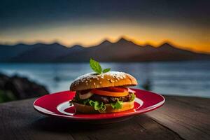 a hamburger on a red plate with mountains in the background. AI-Generated photo