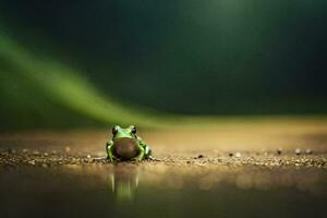 a frog sitting on the ground in the dark. AI-Generated photo