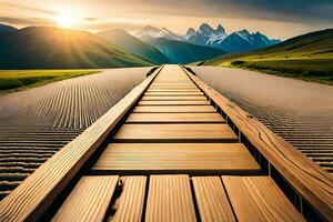 a wooden walkway leads to the mountains. AI-Generated photo