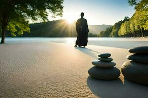 a person standing in front of rocks on the beach. AI-Generated photo