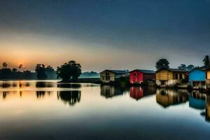 the sun sets over a lake with colorful houses. AI-Generated photo