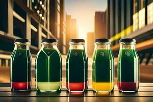 five bottles of juice sitting on a table in front of a city. AI-Generated photo