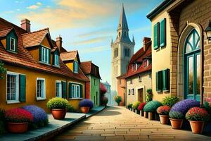 an illustration of a street in a european town. AI-Generated photo