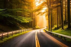 a road in the forest with sunlight shining through the trees. AI-Generated photo
