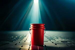 a red bucket on a dark floor with light shining from the top. AI-Generated photo