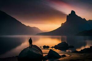 un hombre en pie en rocas a puesta de sol en el montañas. generado por ai foto