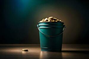 a bucket filled with coins on a table. AI-Generated photo