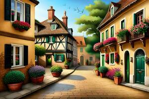 an illustration of a street in a european town. AI-Generated photo