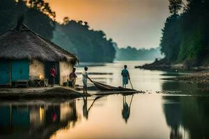 a man and woman stand next to a hut on the shore of a river. AI-Generated photo