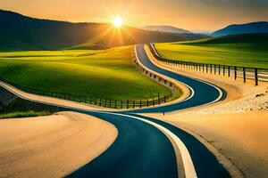 a winding road in the middle of a green field. AI-Generated photo