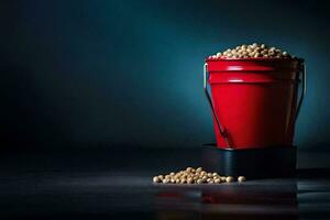 a red bucket filled with soybeans on a dark background. AI-Generated photo