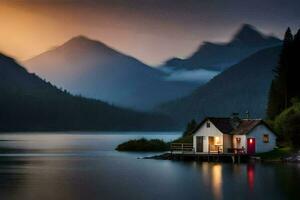 a small house sits on the shore of a lake at dusk. AI-Generated photo