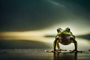 a frog is standing on the ground in front of a dark sky. AI-Generated photo