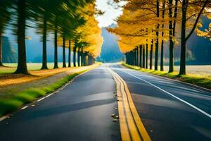 un vacío la carretera con arboles recubrimiento el lados generado por ai foto