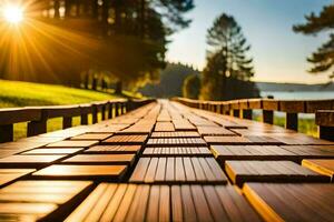 a wooden walkway with the sun shining through it. AI-Generated photo