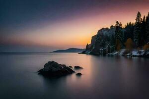 a long exposure photograph of a lake and trees at sunset. AI-Generated photo