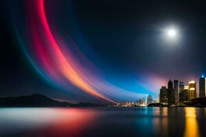 a city skyline at night with colorful lights. AI-Generated photo