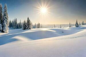 snow covered trees and the sun shining over them. AI-Generated photo