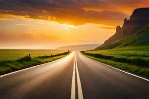 a long road with a sunset in the background. AI-Generated photo