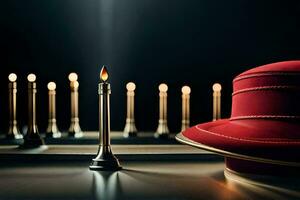 a red hat and a candle in front of a row of candles. AI-Generated photo