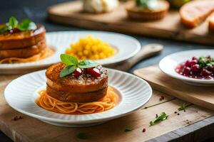 three plates with spaghetti and vegetables on them. AI-Generated photo