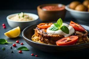 grilled pork chops with tomato sauce and basil on a black background. AI-Generated photo