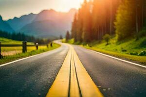 a long empty road with the sun shining in the background. AI-Generated photo