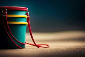 a bucket with a red handle on the beach. AI-Generated photo