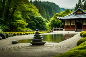 a japanese garden with a pagoda and rocks. AI-Generated photo